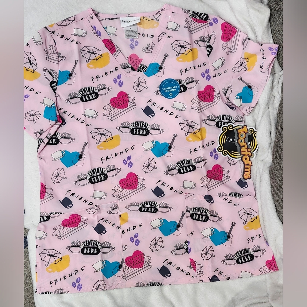 NWT Tooniforms Pink FRIENDS TV Series Scrubs Top Women's Size Medium